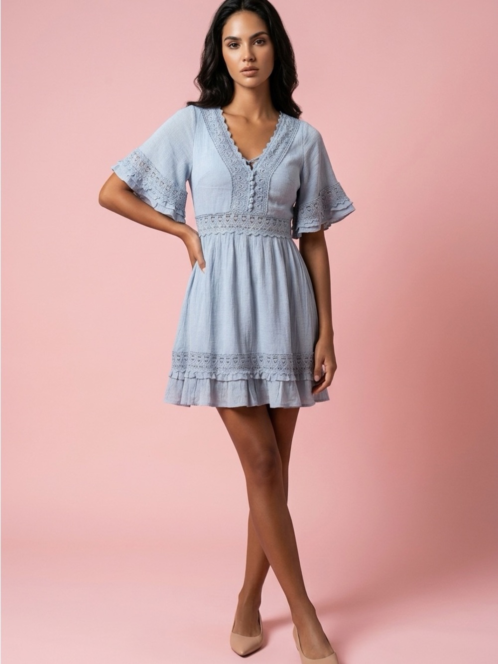 Bluivy Light Blue V-Neck Lace-Trim Mini Dress